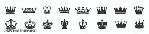 set of various black crown icons on a white background