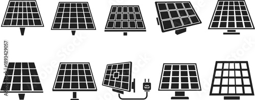 Black and white solar panel icon set showing photovoltaic modules, renewable energy systems, and clean power technology in minimalist vector style