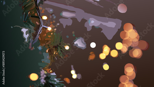 Cozy interior scene with christmas tree and warm glowing lights in a dark room with snow on the window with holiday and winter and festive and home