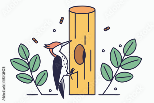 Stylized vector illustration of a woodpecker bird perched on a tall tree trunk, searching for food in a hole, surrounded by leaves. simple nature scene.