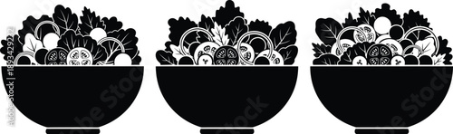 Black and white vegetable salad bowl icons with fresh leafy greens and sliced vegetables in minimalist vector silhouette style