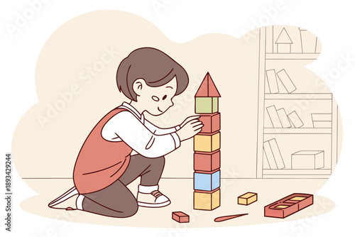 Focused child building tower with colorful blocks, engaging in creative play and early childhood development activities vector illustration