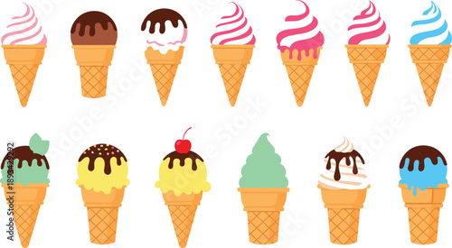 Ice cream cone illustration set with different flavors toppings and colorful frozen dessert designs