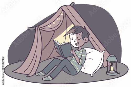 Cozy reading nook: child reading book under tent with lantern