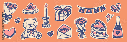 Set of happy valentine's day scrapbook doodle and scribble, romantic love angle, candle dinner, love heart and gift, rose flower bouquet and chocolate cut out magazine paper collages