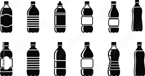 Black plastic bottle silhouette icon set featuring various beverage container shapes for packaging design, drinks branding, recycling symbols, and product illustration use