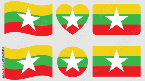  flag of Myanmar national flag consisting of three equal horizontal stripes of yellow, green, and red, with a central white star . Myanmar flag in rectangular, heart and circle shapes. Vector