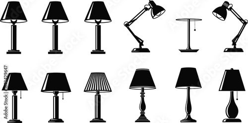 Black table lamp silhouette icon set featuring classic, modern, and adjustable desk lamps for interior design, lighting concepts, furniture graphics, and home decor illustrations