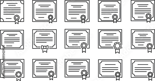 Certificate and diploma icon set featuring official document frames with seals and ribbons in clean outline style for education achievement award and certification concepts