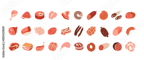 Vector icon set of steak, salami, chorizo, bbq frankfurters sausages, pepperoni. Fresh meat products. Culinary, raw pork, beef steaks, chicken, turkey, bacon, pork belly, ham, poultry, ribs.