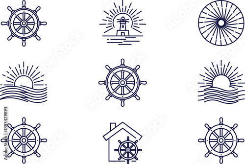 Nautical line icons set with ship wheel lighthouse sunrise waves and marine navigation symbols