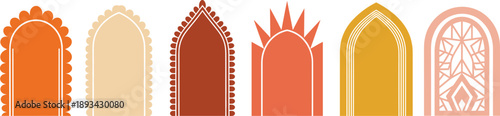 Decorative arch shapes set with Moroccan and Islamic inspired ornamental doorways in warm colors