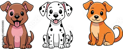 Cute cartoon dog characters illustration set, adorable puppy mascots, friendly pet animals, colorful comic style, children design, isolated on white