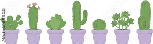 Cute potted cactus and succulent plant collection in pastel pots, desert houseplant vector illustration set