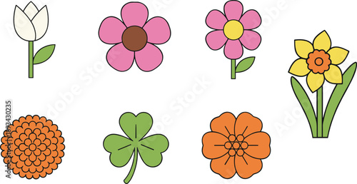 Cute simple flower icon set with colorful spring blossoms, clover and garden floral elements vector illustration