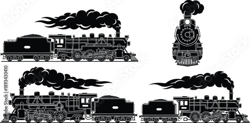 Steam locomotive silhouettes set featuring vintage trains with smoke clouds, classic railway transport concept, detailed black engines isolated on white background