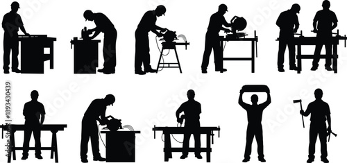 Carpenter and woodworker silhouettes using tools and machinery in workshop scenes, construction labor concept, isolated black figures on white background