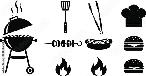 Barbecue grill with skewers for food, grilling, and summer events. Charcoal grill with five skewers of food cooking on the grate. Spatula, chef's hat, tongs, hot dogs in buns, hamburger, flame. 