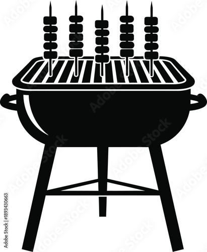 Barbecue grill with skewers for food, grilling, and summer events. Charcoal grill with five skewers of food cooking on the grate. Spatula, chef's hat, tongs, hot dogs in buns, hamburger, flame. 