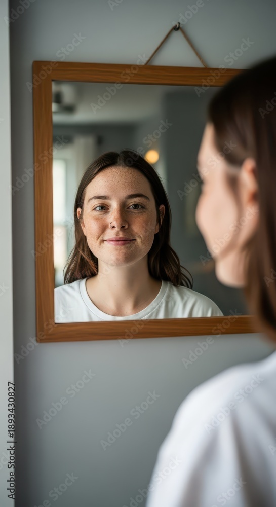 Obraz premium Young woman observes her reflection in a framed wall mirror with a gentle smile