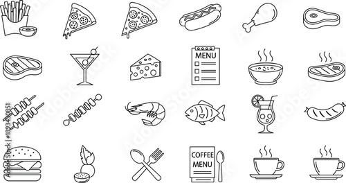 Food and drink line icons illustration set showing fast food meals beverages desserts and restaurant menu symbols for web app design