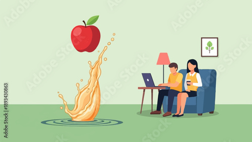 Apple splash with people working on laptops and relaxing on couch