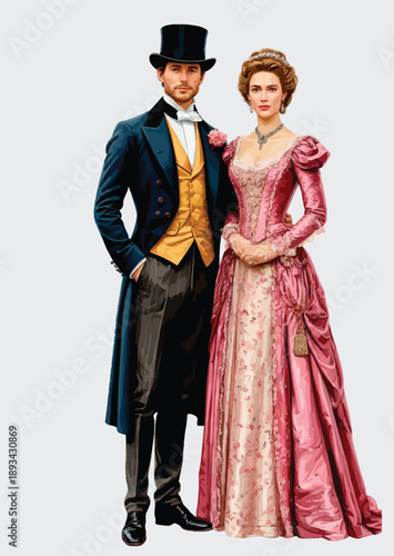 064-11-cDressed couple standing in period clothing, portraying vintage style and aristocracy