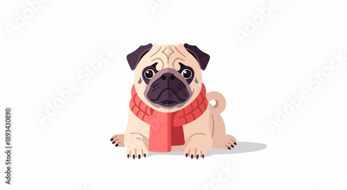 Adorable pug wearing a cozy red scarf, sitting patiently