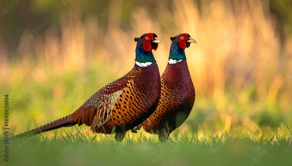 Fototapeta premium Two colorful pheasants standing side by side in grass