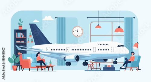 Airplane inside a cozy room with people relaxing and working