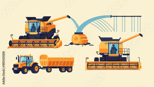 Agricultural vehicles including combine harvesters, a tractor with trailer and irrigation