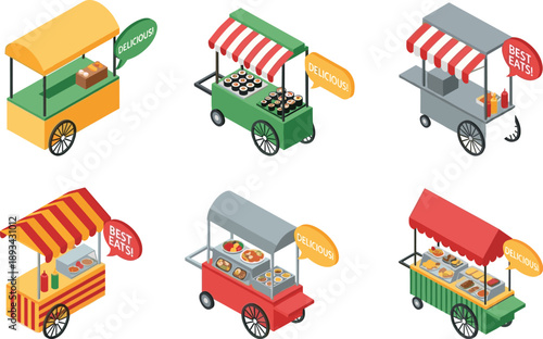 Street food cart isometric illustration set showing colorful mobile food stalls with awnings for market festival fast food vendor design