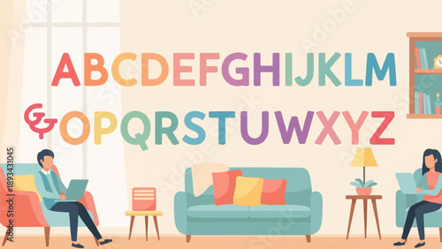 Alphabet letters and people using laptops in a room