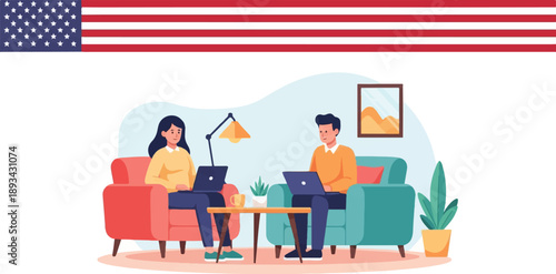 American flag flies above couple working remotely on laptops in living room
