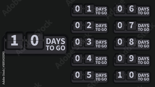 Countdown timer with flip clock numbers showing days remaining until an event, sale or holiday with a dark background.
