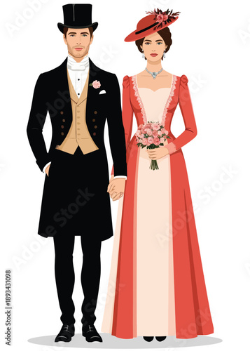 064-13-Dressed couple standing in period clothing, portraying vintage style and aristocracy
