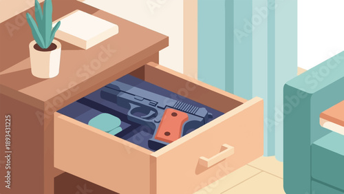 An open drawer reveals a handgun next to a potted plant and a book