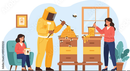 Beekeepers tending to hives, collecting honey indoors with assistance