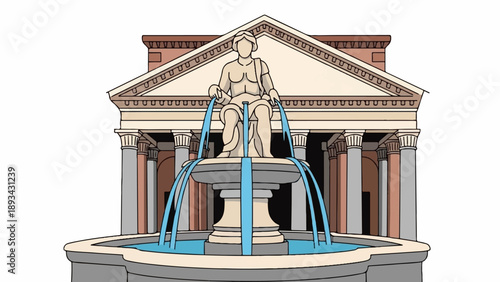 Ancient building with classical columns and a tiered water fountain