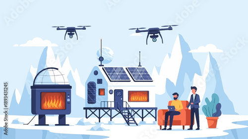 Arctic research station with drones and men working