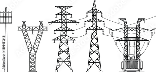 Electric power transmission towers technical line art illustration showing different pylons structures and transformer for energy infrastructure engineering design