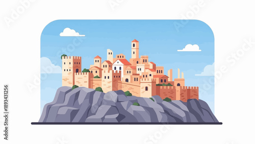 Ancient fortified town on a rocky cliff under a clear sky