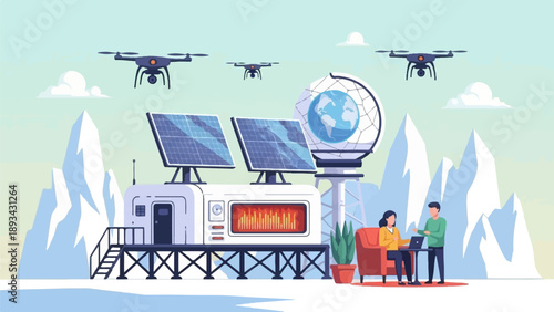 Arctic research station with drones, solar panels, and globe antenna