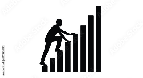 Businessman climbing up bar graph chart, successful growth progress concept, professional career development, leadership ambition, corporate success