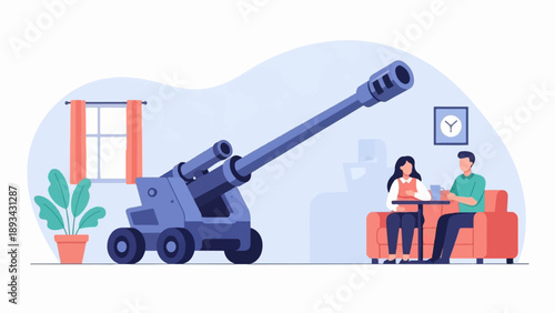 Artillery piece indoors near a couple enjoying drinks at a table