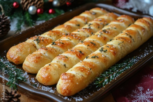 Tray of bread rolls on table.