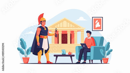 Ancient warrior holding torch near person on couch with laptop