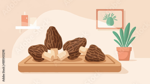 Artistic illustration of fresh morel mushrooms on a wooden board with home decor