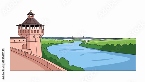 Ancient stone tower overlooks a winding blue river and distant bridge