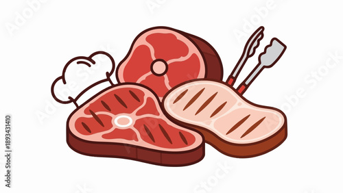 Assorted raw and grilled meats with chef hat and tongs
